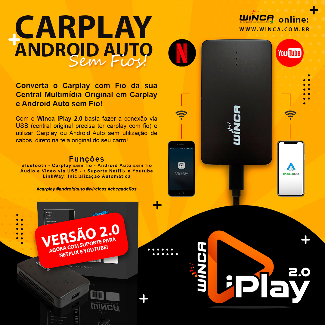 Winca iPLAY 2.0 – Carplay e Android Auto sem Fio - Winca do Brasil